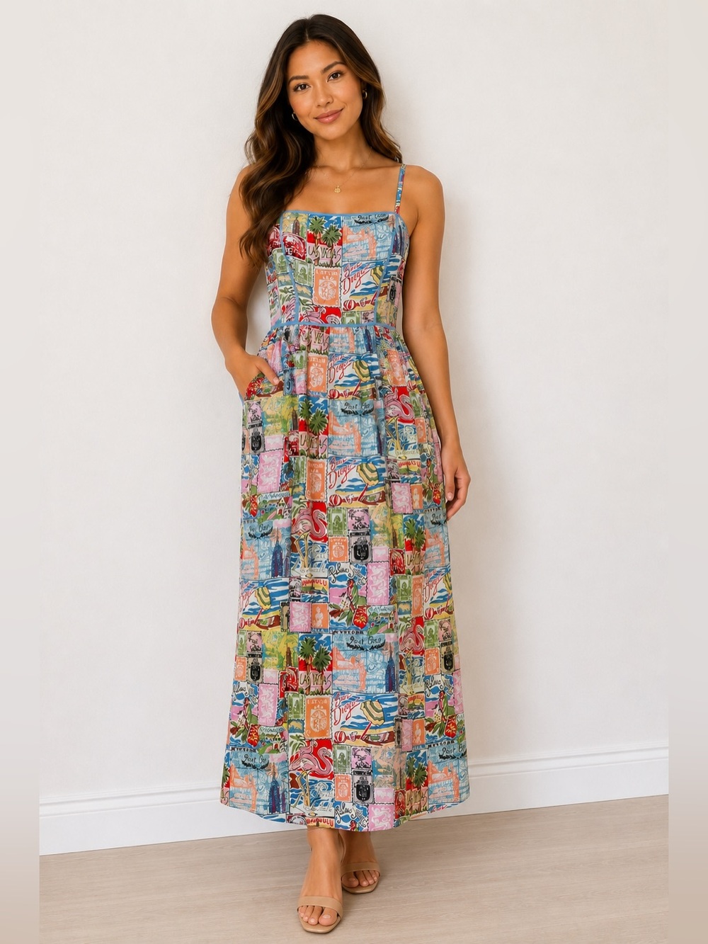 The Good Journey Travel Postcard Print Maxi Sundress - Multicolor